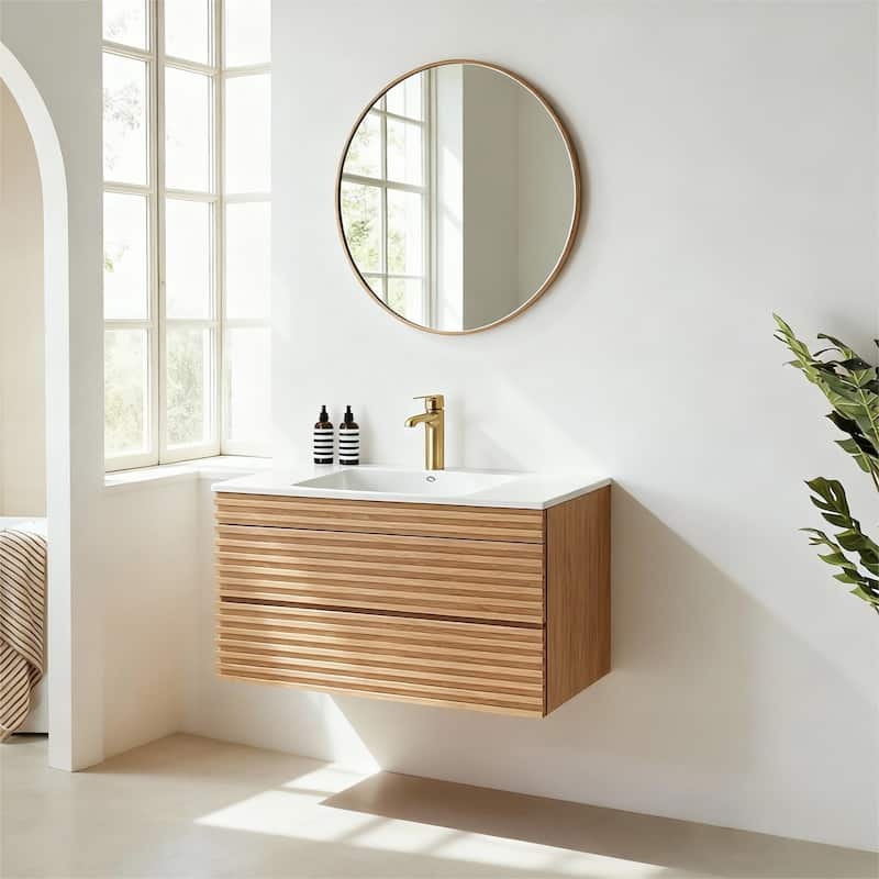 Modland 36" Wall Mount Bathroom Vanity with Ceramic Sink - 2 Soft-Close Drawers,Silk Mist Oak - 36 inch