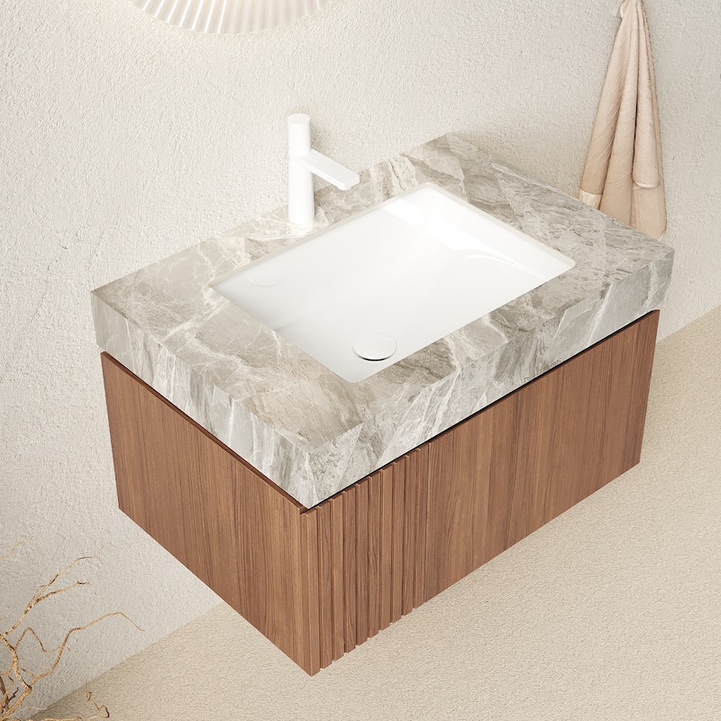 GDFStudio - Muri Modern 30" Floating Bathroom Vanity, Light Gray Sintered Stone Countertop with Ceramic Basin, WITHOUT Faucet