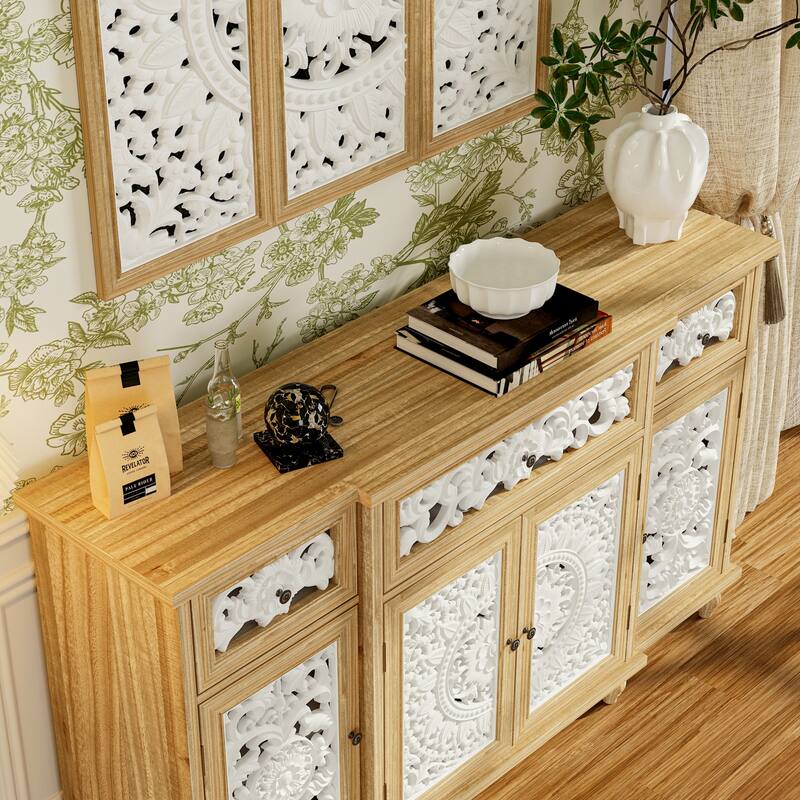 Booksheves Boho Entryway Display Cabinet w Wall Décor White Hollow Carved Panels Sideboard