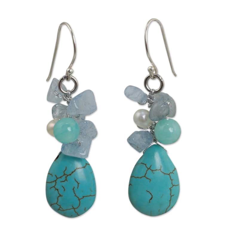 Handmade Silver 'Cool' Multi-gemstone Pearl Earrings (4-4.5 mm) (Thailand) - White - Blue - White - 4-4.5 MM