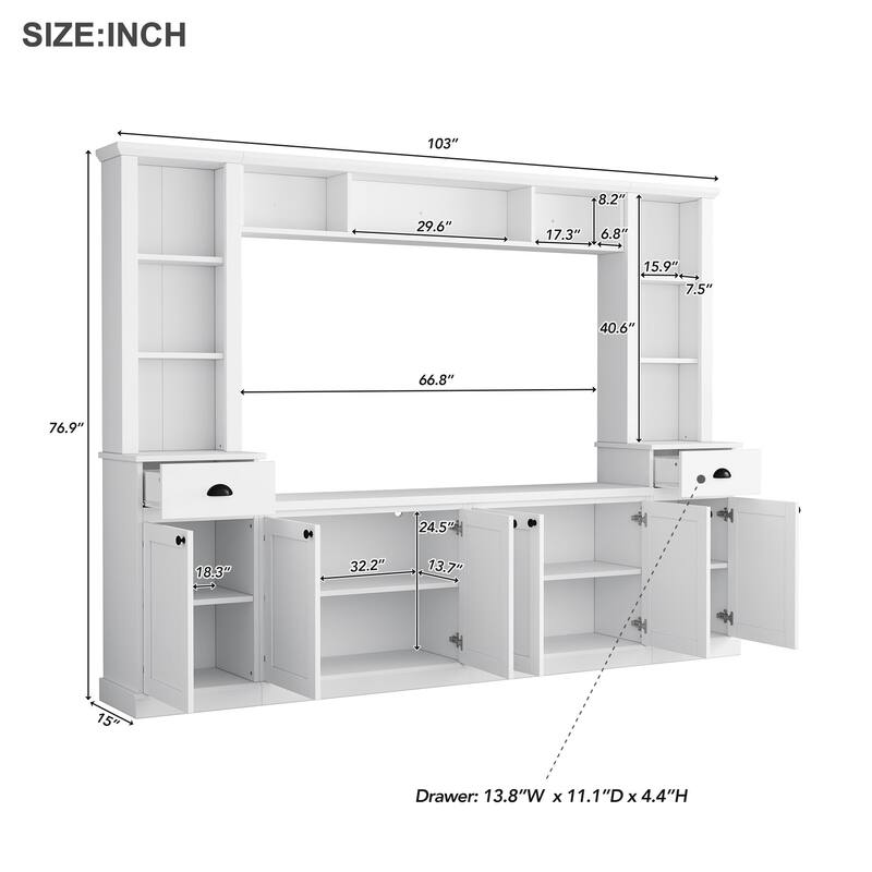 Modern Wall Unit Set for TVs Up to 75" with Adjustable Bridge & Ample Storage - Includes Bookcase, Wine Rack & Display Case