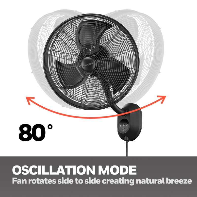 18" Honeywell Matte Black Outdoor Wet-Rated Oscillating Wall Fan with Remote, 3-Speed AC Motor - 18 Inches