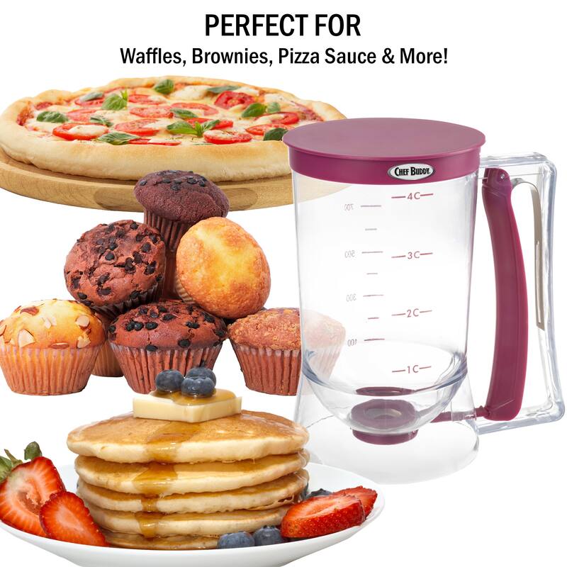 4-Cup Pancake Batter Dispenser with Squeeze Handle - Baking Tools by Chef Buddy (Purple)