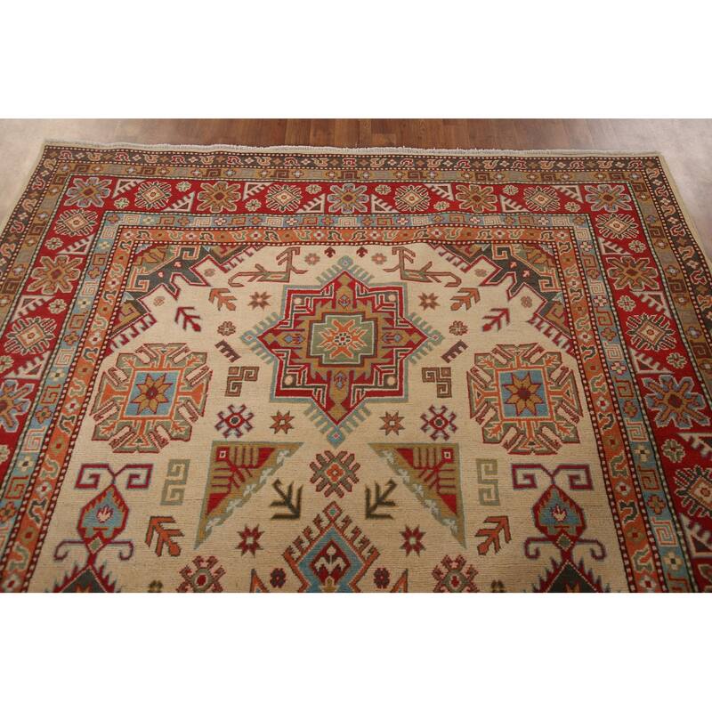 Geometric Kazak Oriental Area Rug Handmade Yellow Wool Carpet - 6'10" x 10'7"