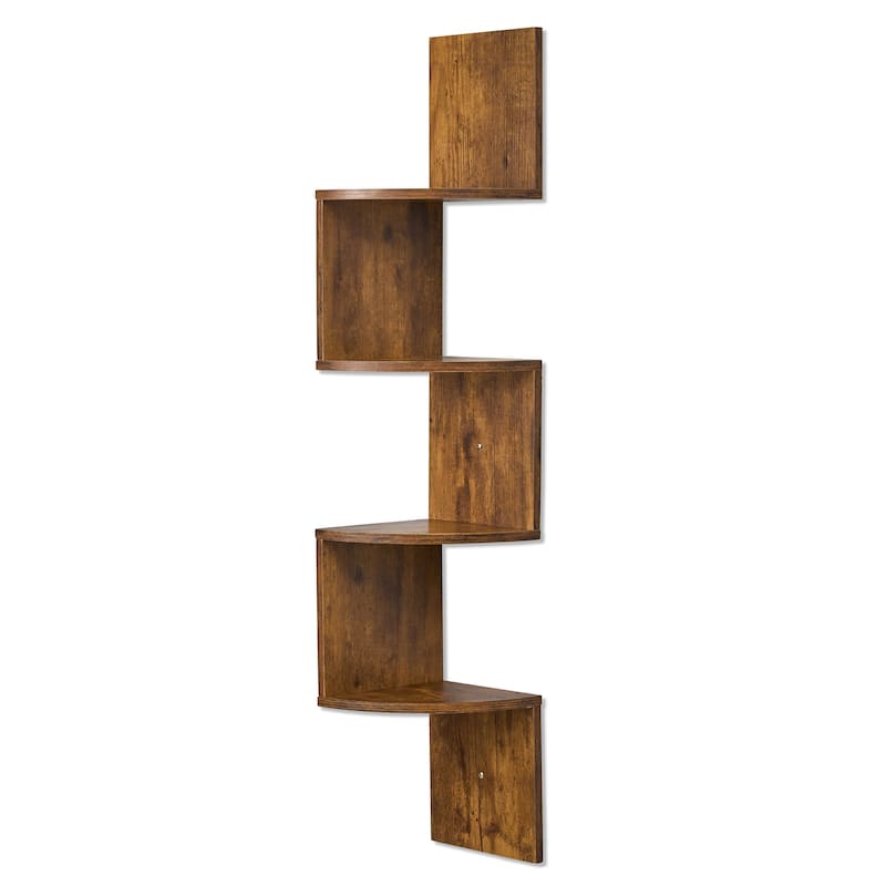 Sorbus 5-Tier Zig Zag Geometric Corner Wall Book Shelf Unit, Decorative Floating Wall Shelf - Brown