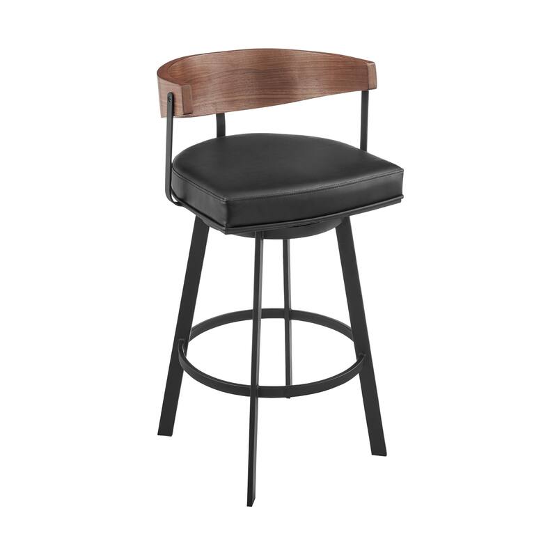 HomeRoots 30" Black and Brown Faux Leather and Iron Low Back Bar Height Swivel Bar Chair