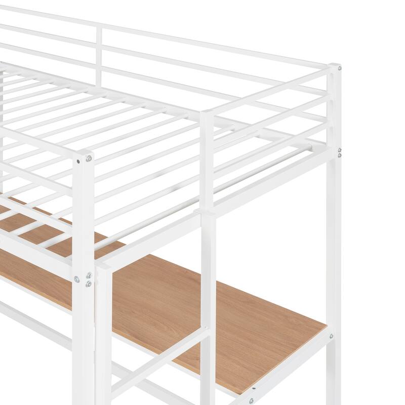 Twin Metal Loft Bed with Desk and Shelves, Space-Saving Design, Sturdy Frame