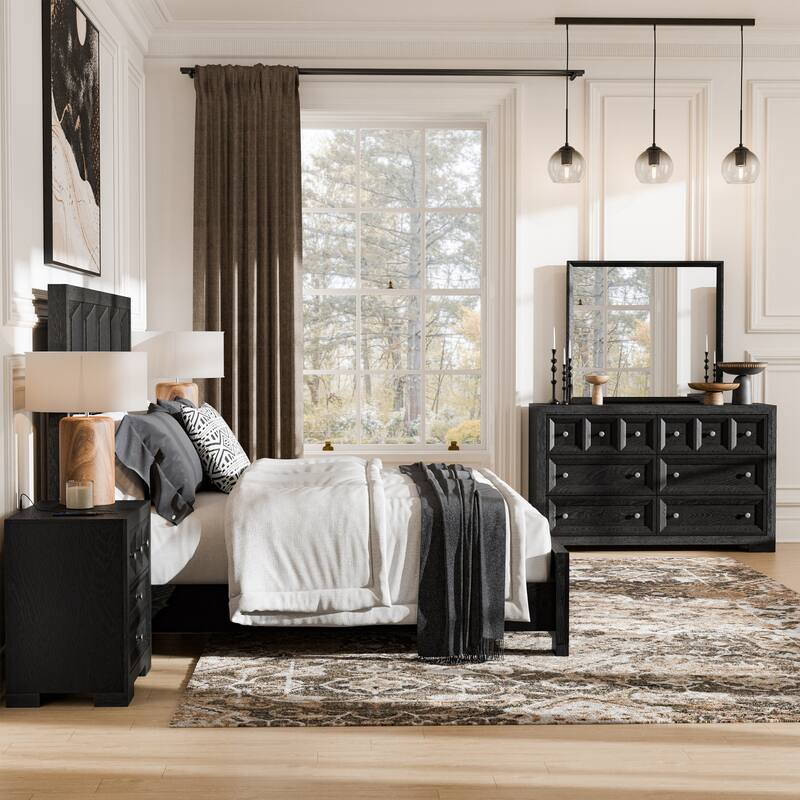 Furniture of America Durem Modern Classic 5-Piece Solid Wood Panel Bedroom Set with 3-Drawer Nightstand - Weathered Black - Queen