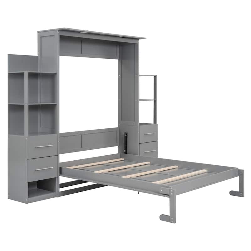 Full Size Murphy Bed Wall Bed with Shelves, Drawers and LED Lights,Gray