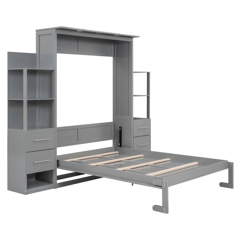 Murphy Bed Foldable Bed with Two 4-Layer Shelves Space Optimizing Wall Bed with 4 Drawers and LED Lights for Bedroom Apartment
