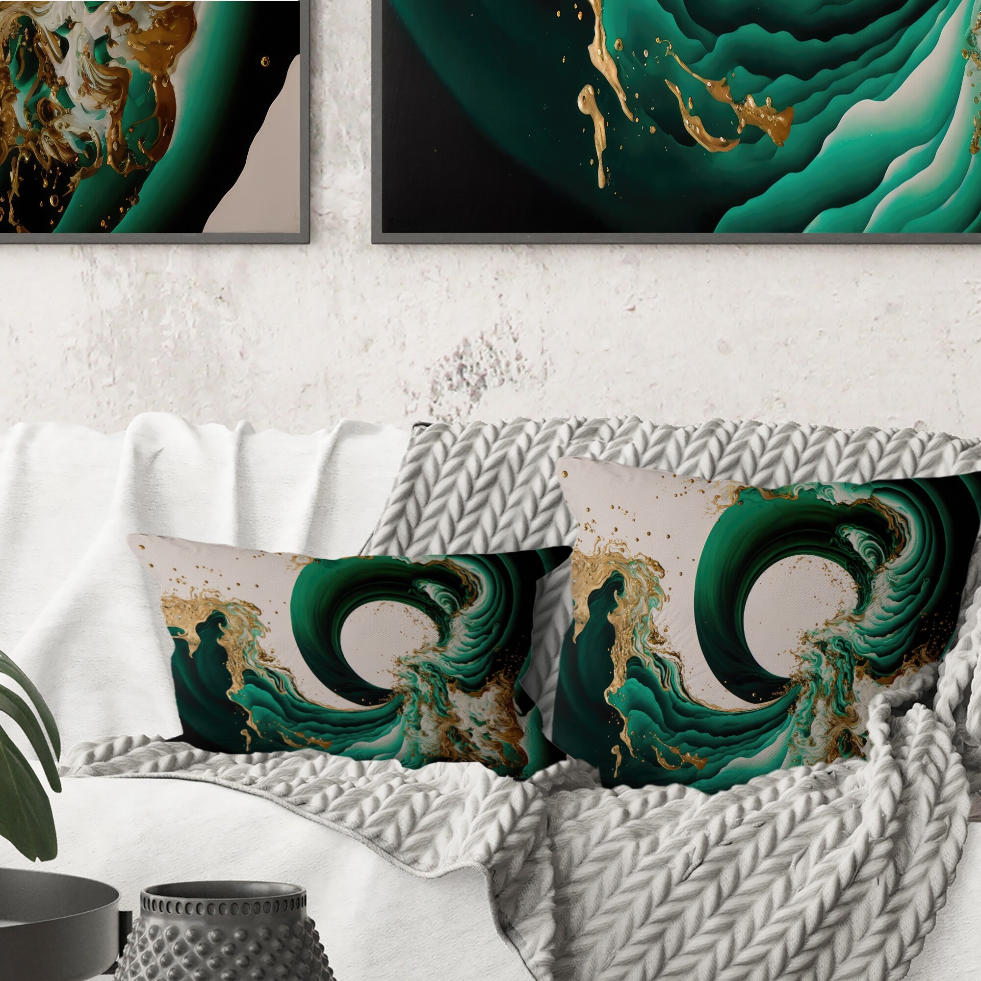 Designart "Emerald Green And Gold Abstract Waves IV" Modern