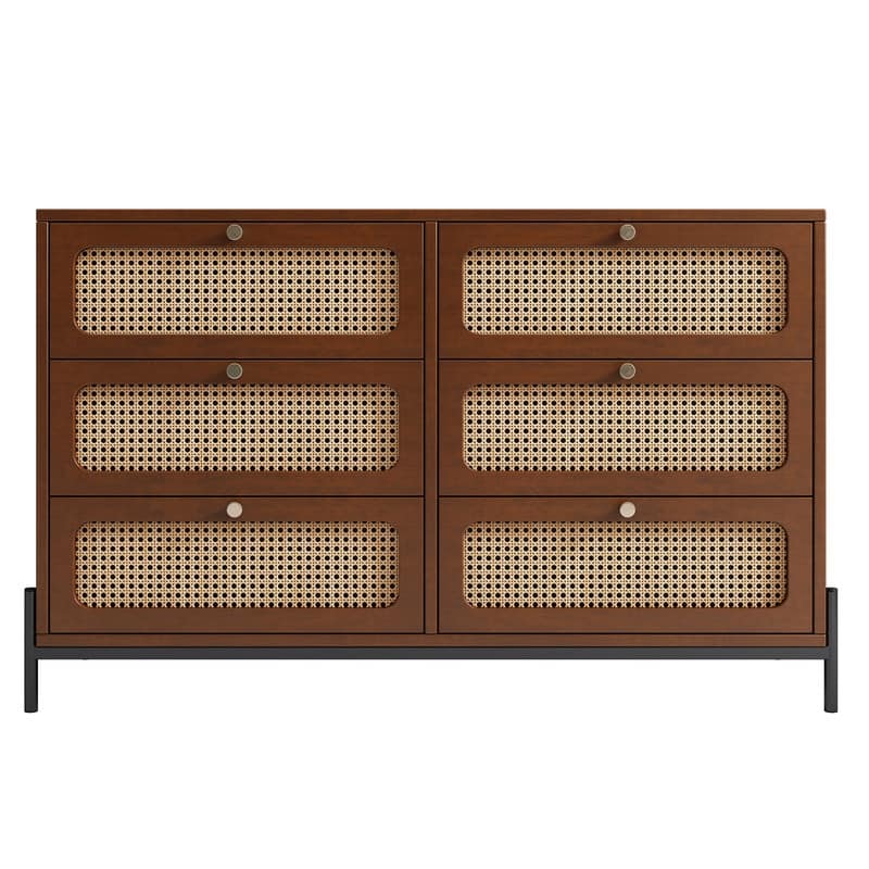 Modern Cannage Rattan Wood Storage Cabinet 6-Drawer Dresser