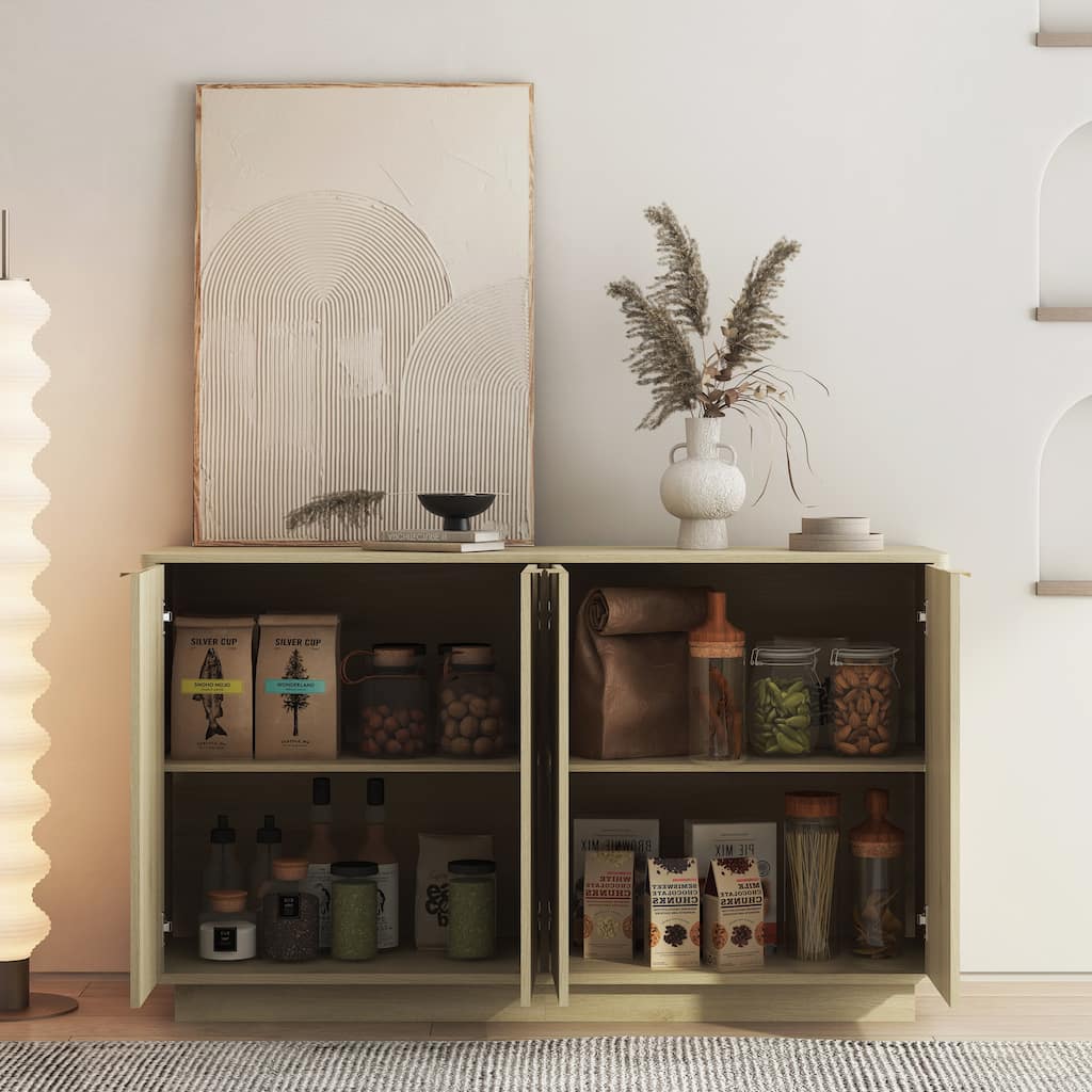 Fluted Glass Buffet Cabinet, Modern Wood Sideboard with Adjustable Shelves and Storage