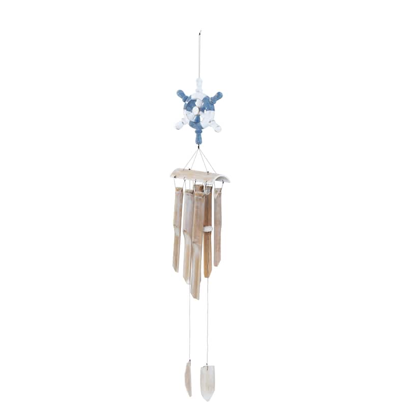 Bamboo Wood Ship Wheel Handmade Windchime with Log Chimes - Blue - Roche River Decor