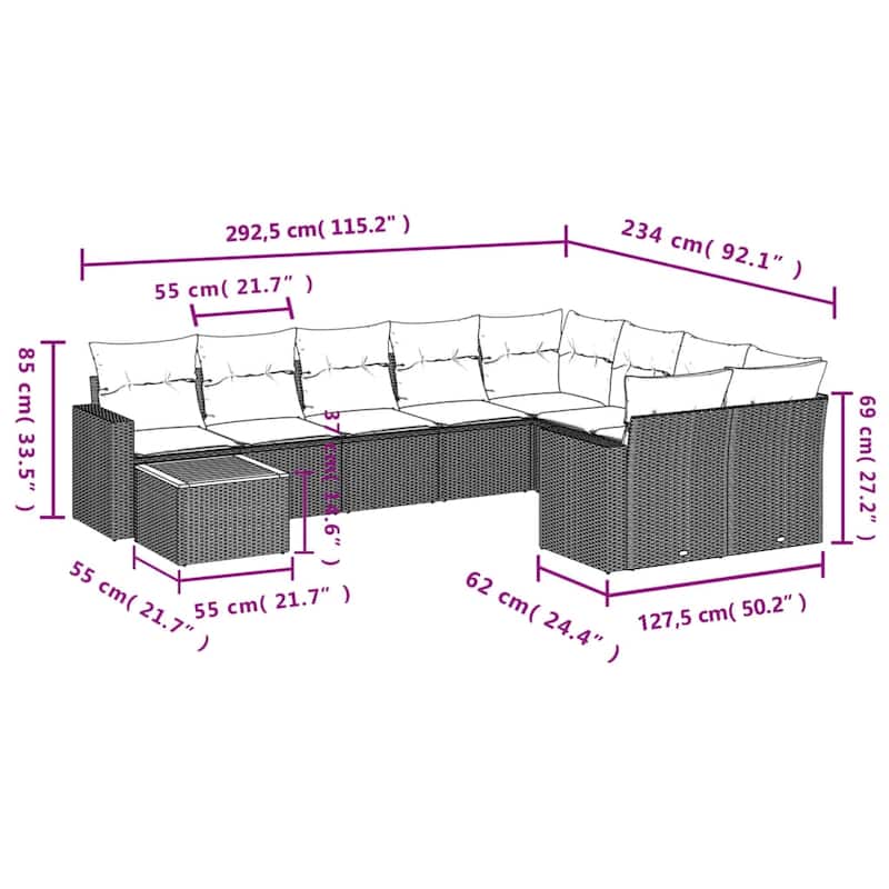 vidaXL Patio Sofa Set with Cushions Outdoor Furniture 10 Piece Poly Rattan - 21.7 x 21.7 x 14.6