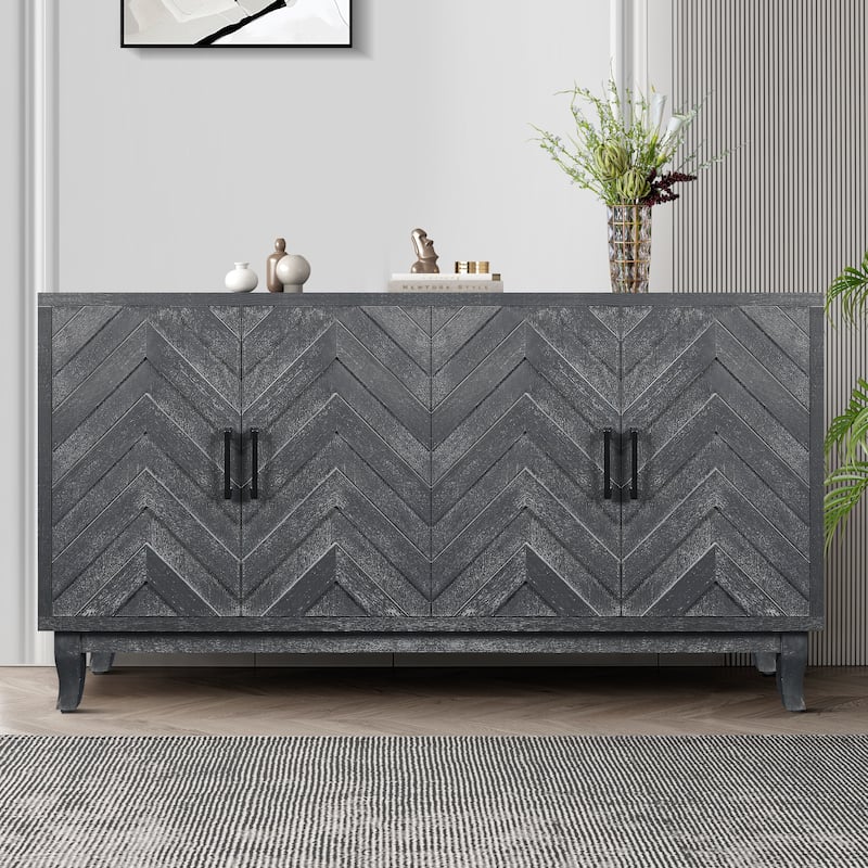 GDFStudio - Heritage Stripe Vintage Wooden Buffet Storage Cabinet with 4 Doors - Antique Dark Grey