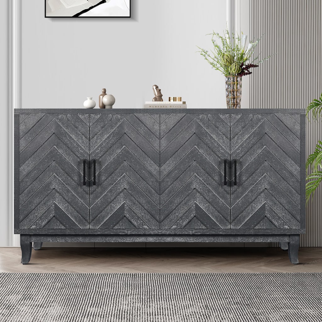 Sideboard Cabinet with 4 Doors, Kitchen Buffet Cabinet with Solid Wood Base, Coffee Bar Cabinet with Adjustable Shelves
