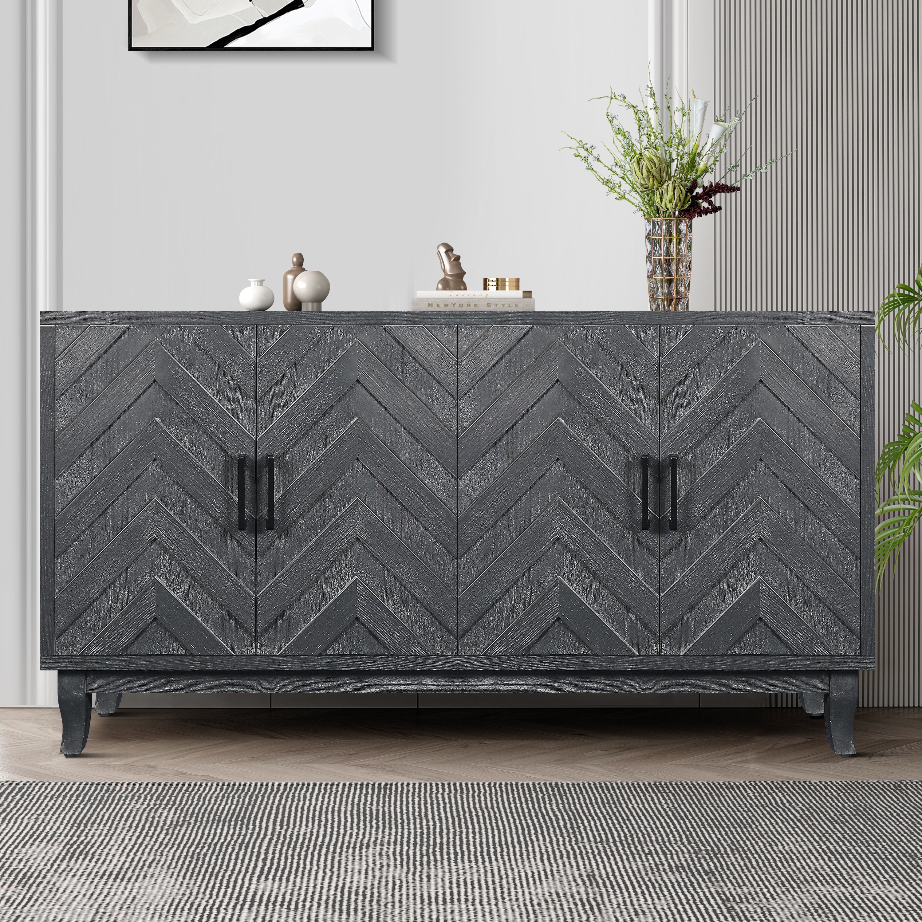 Sideboard Cabinet with 4 Doors, Kitchen Buffet Cabinet with Solid Wood Base, Coffee Bar Cabinet with Adjustable Shelves
