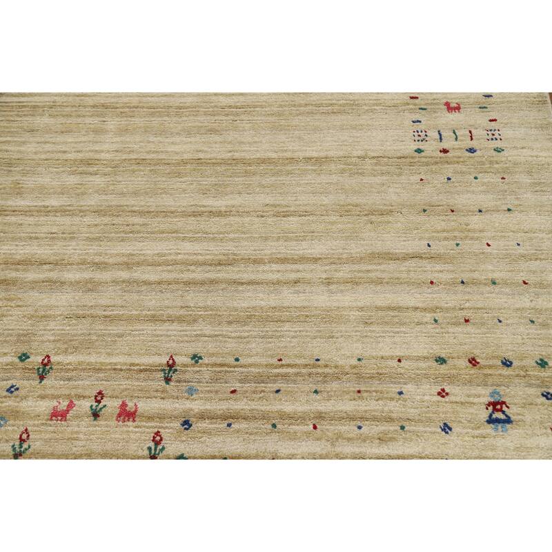Hand Knotted Oriental Viscose Silk Carpet Tribal Animal Pictorial Beige & Ivories Gabbeh Area Rug - 11' 10'' X 8' 11''