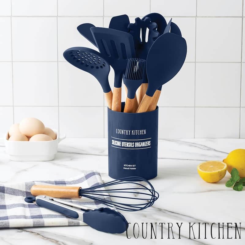 Country Kitchen Non Stick Silicone Utensil Set with Rounded Wood Handles for Cooking and Baking, 14 Piece Set