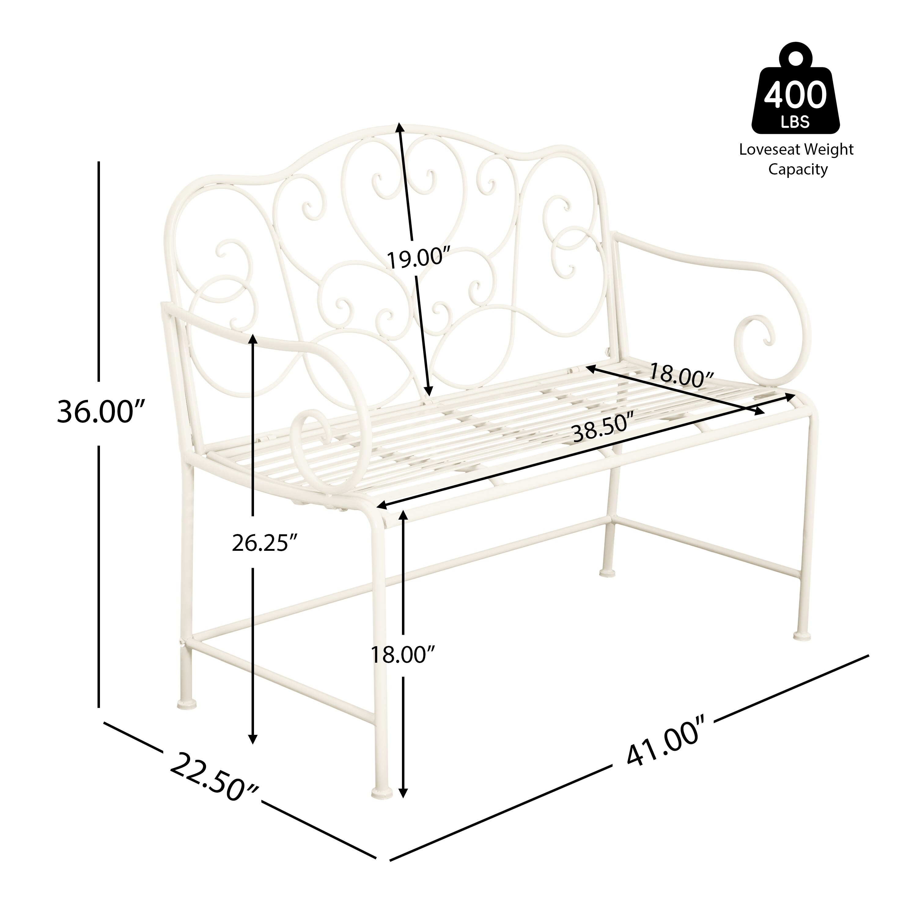 Roomfitters Vintage Metal Garden Bench, Elegant Scrollwork Design, Weather-Resistant Outdoor Loveseat, Antique White
