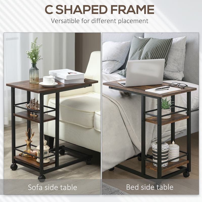 HOMCOM C Shaped End Table with Storage Shelves, Mobile Side Table with Wheels