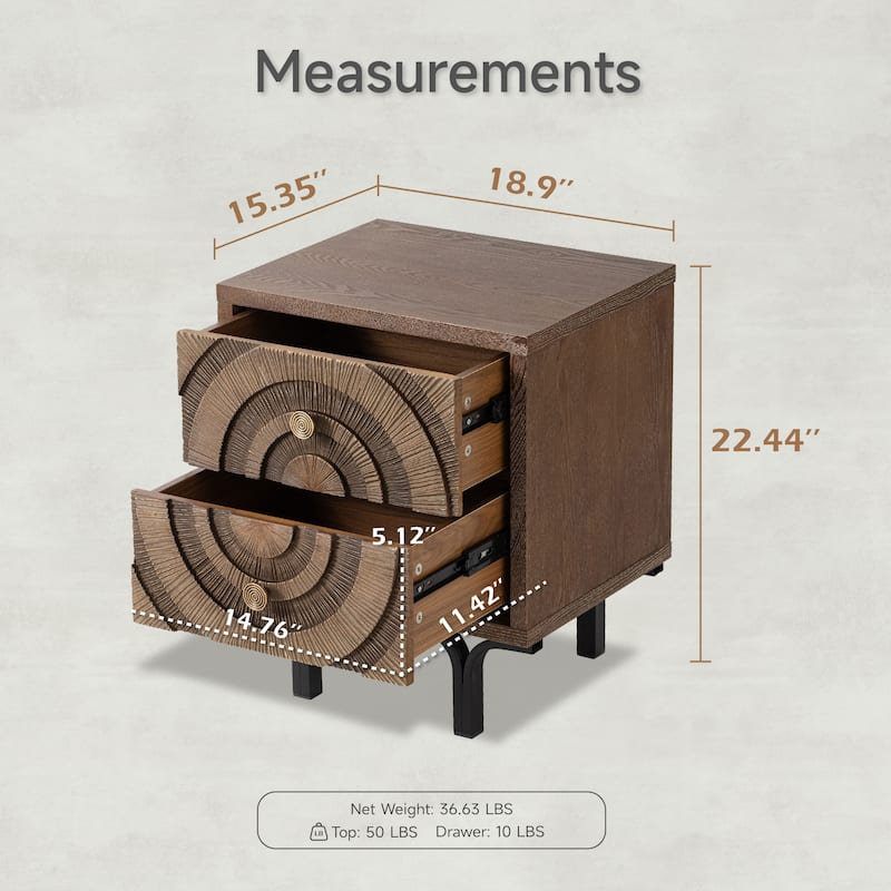 COZAYH Farmhouse Nightstand, Accent Wooden Storage with Circle Pattern and Radioactive Wood Lines, Mid-century Dresser