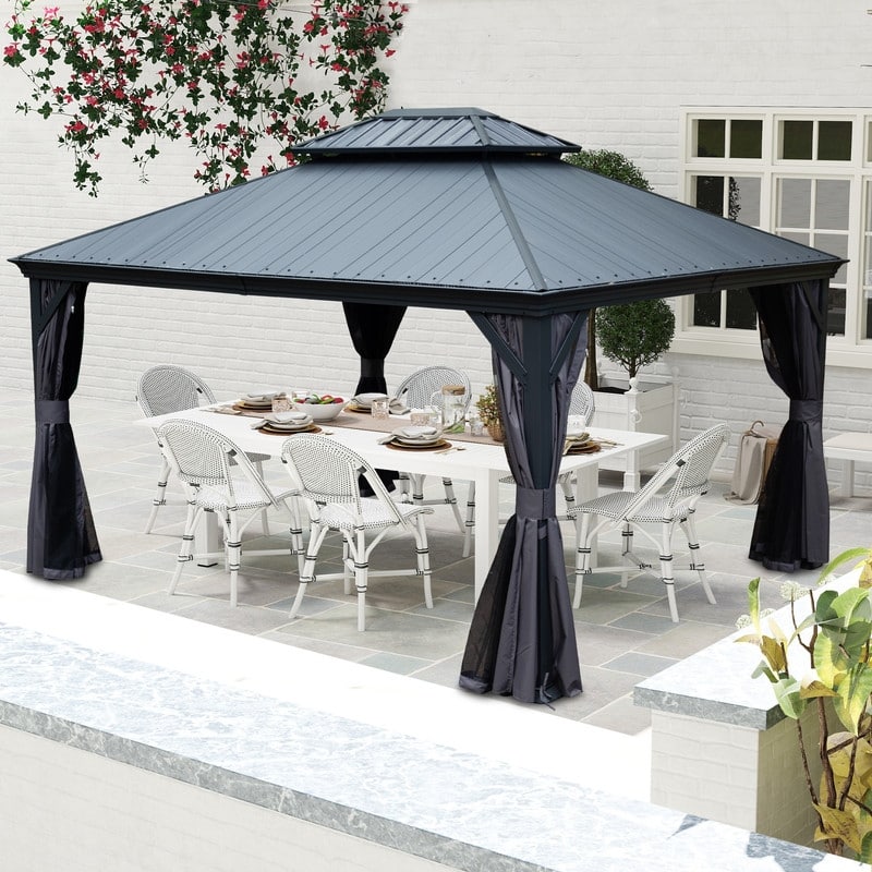 Domi 10x14FT Resin Hardtop Gazebo with Drainage Gutter, 2025 Upgraded Outdoor Metal Gazebo Canopy with Double Roof