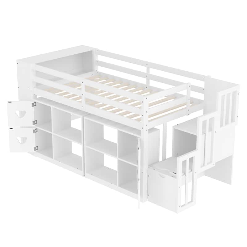 Kids Twin Size Captains Bed Low Loft Bed with LED, Cabinets, Stair Drawers and Shelves, Cabinet Door with Bear-shaped Handles