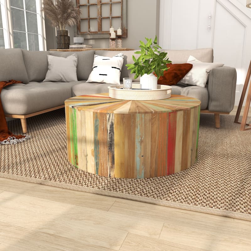 Brown Reclaimed Wood Handmade Pinwheel Drum Geometric Coffee Table with Colorful Painted Accents