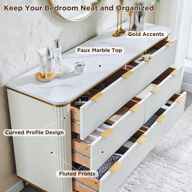 Modern Fluted 6 Drawers Dresser for Bedroom, 54" Dresser TV Stand