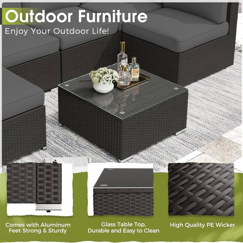 7 Piece Outdoor Patio Furniture Set Grey/Black Wicker Conversation Sectional Sofa Set with Coffee Table and Cushions