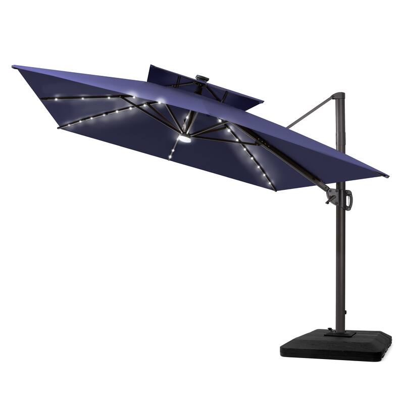 12 x 9 FT Outdoor Patio Cantilever Umbrella with Solar Lights Double Canopy 360 Rotation Tilt with Base