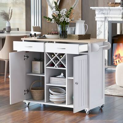 Kitchen Island Cart with Two Storage Cabinets,Wine Rack