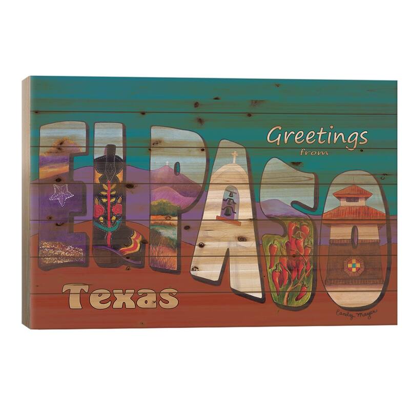 El Paso Postcard Print On Wood by Candy Mayer - Multi-Color - 18x26x1.5