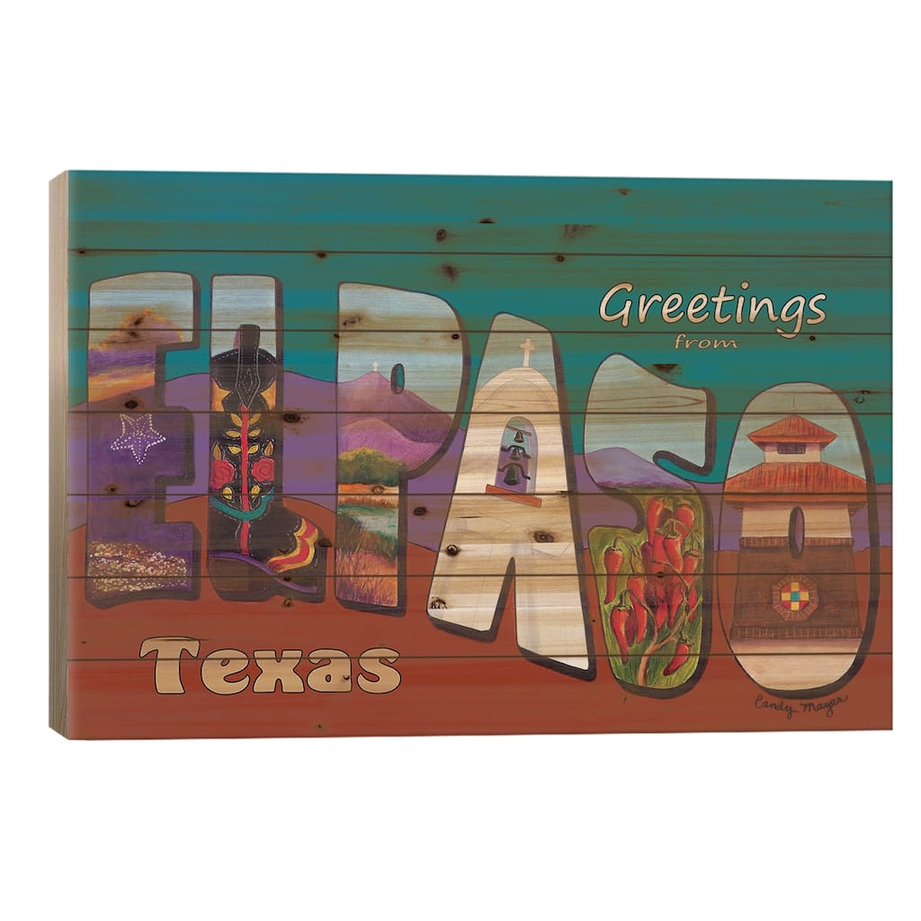 El Paso Postcard Print On Wood by Candy Mayer - Multi-Color