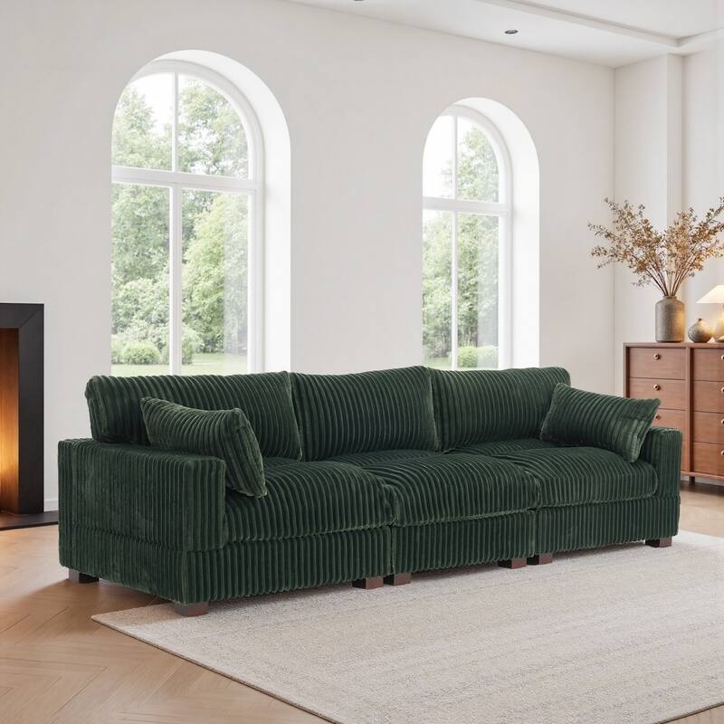 Plush Corduroy Upholstered Modular Sectional Sofa with Pillows - Symmetrical - Green-3 Pieces