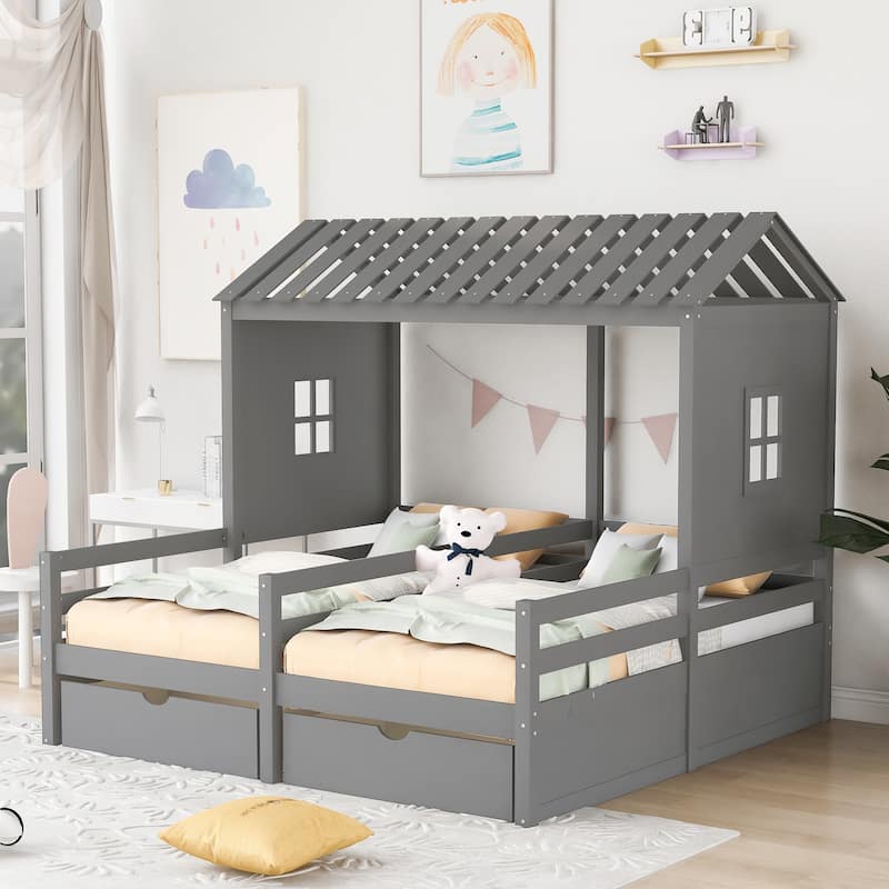 Twin Size House Platform Beds with 2 Drawers for Boy and Girl Shared