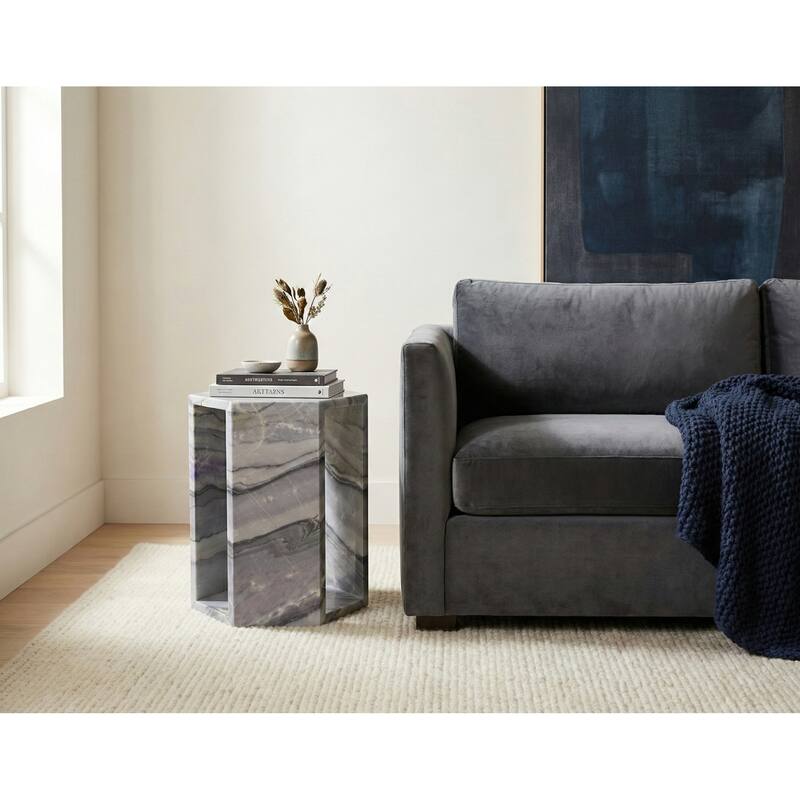 Roomfitters Luxury Natural Marble Hexagon Side Table, Solid Stone Geometric Pedestal End Table, Polished Finish - Blue+Multi