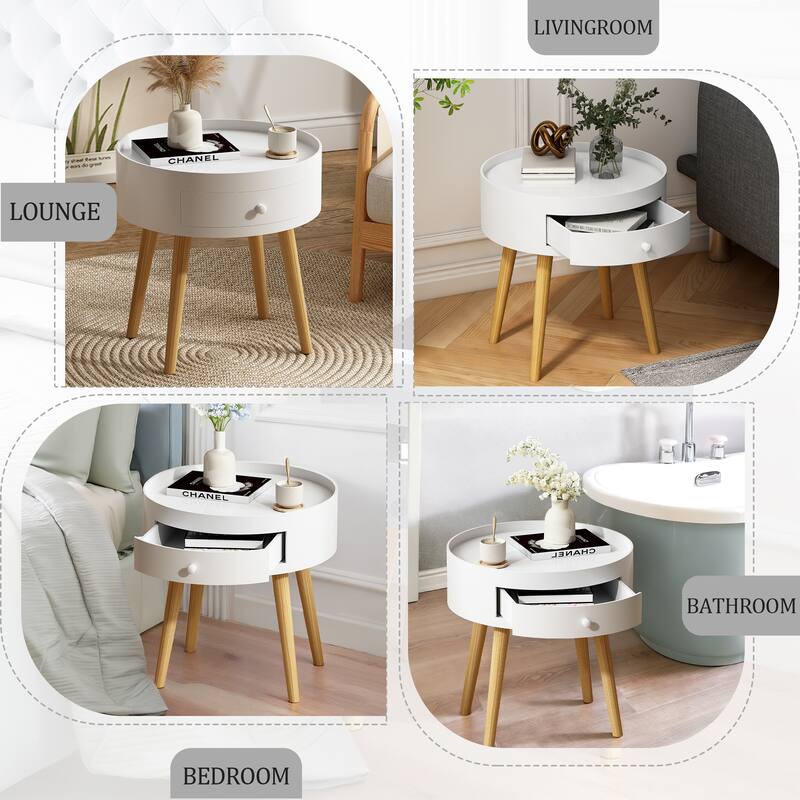 Small Side Table with Wood Legs, Space-Saving Round Coffee Table with Storage Drawers, Compact Center Table for Apartment