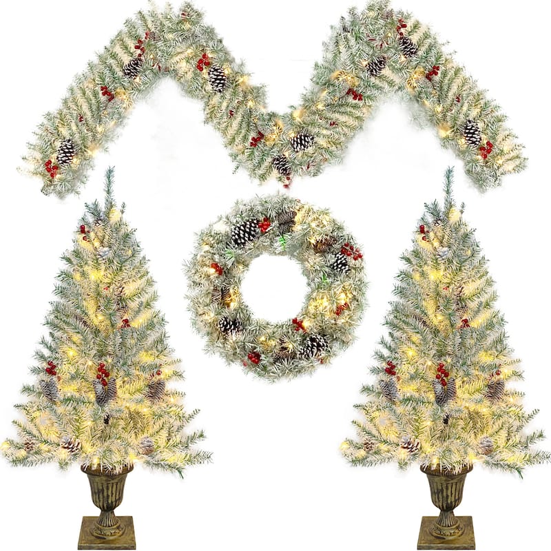 Christmas 4-Piece Set,Garland, Wreath,2 Entrance Trees, LED Lights - Retro White - 4 Pieces Christmas Decoration