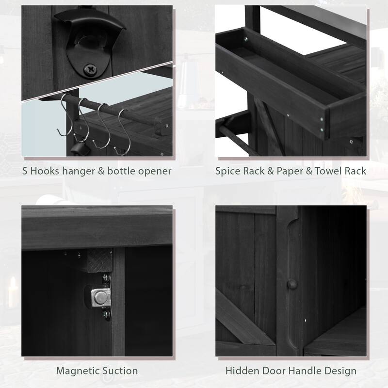 Farmhouse Outdoor Kitchen Island, Rolling Bar Cart & Storage Cabinet with Stainless Steel Top, Spice Rack & Towel Rack