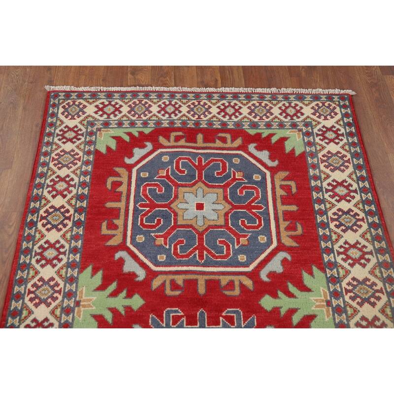Geometric Red Kazak Oriental Runner Rug Hand-Knotted Wool Carpet - 3'4" x 6'7"