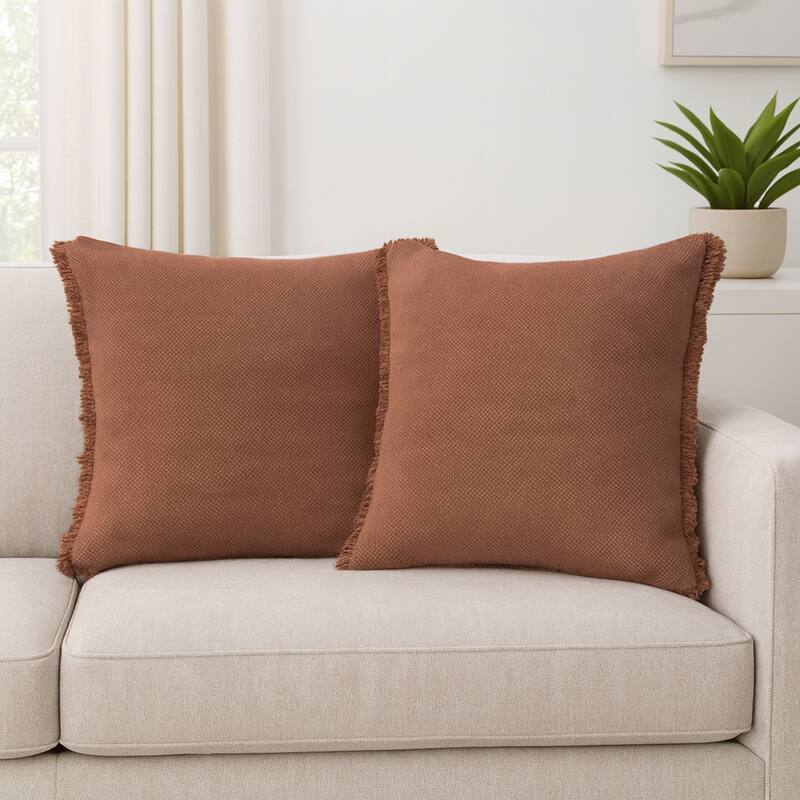 Textured Square Throw Pillows with Fringes - 20" - Adobe Brown - Set of 2