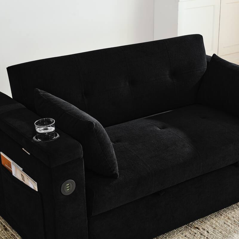 Chenille Pull-Out Sleeper Loveseat Bed Adjustable Backrest Tufted Futon Sofa with 2 Pillow and USB Ports, Pockets