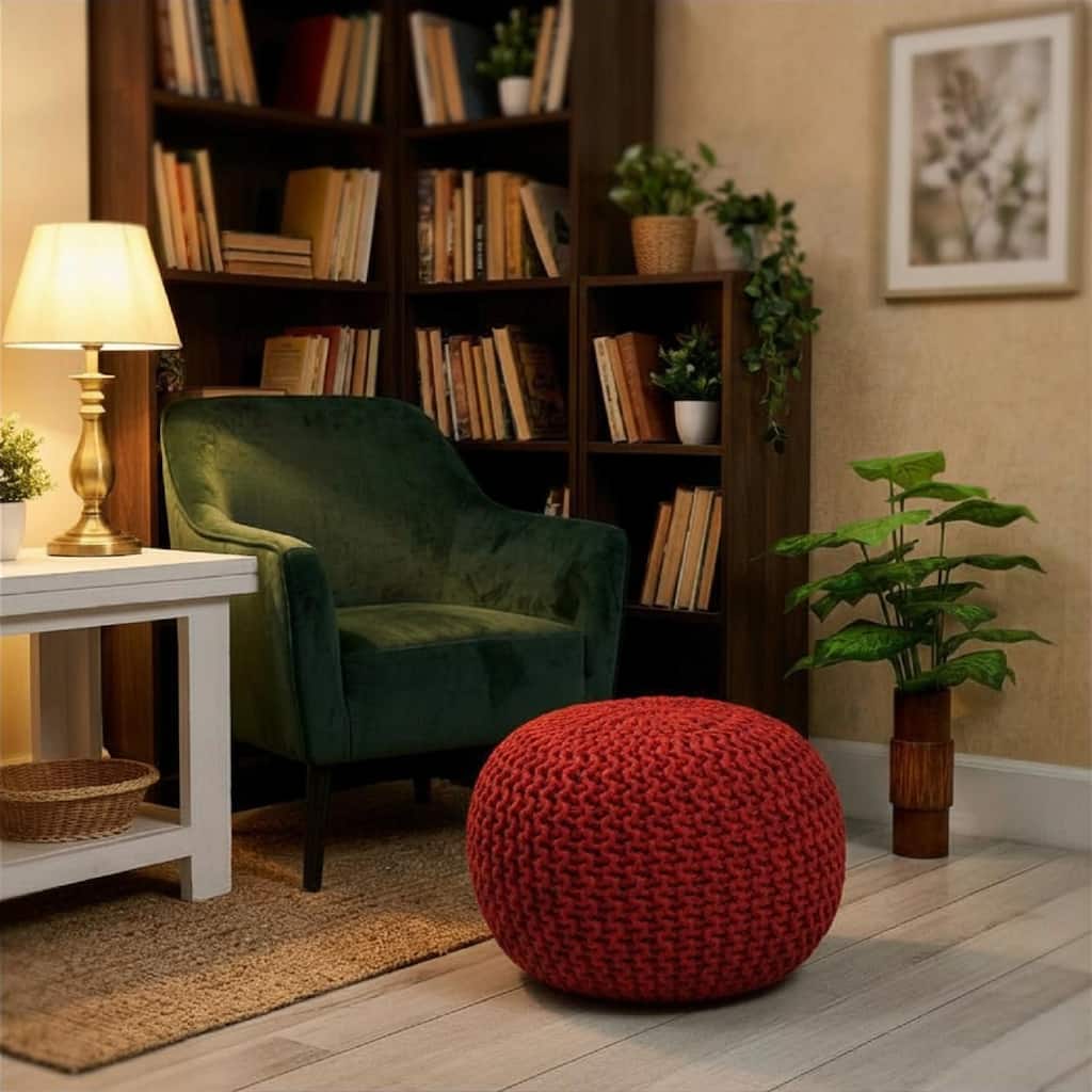 Round Cotton Knitted Cord Pouf Foot Stool Ottoman – Footrest for Living Room, Bedroom, Patio & Lounge (18" x 18" x 14")