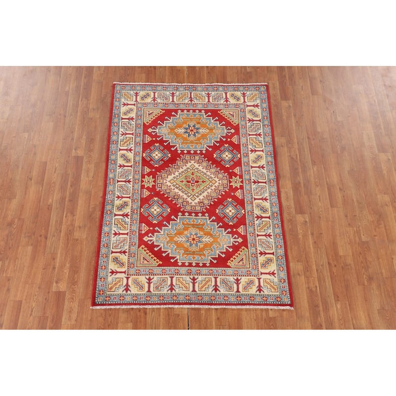 Red Geometric Kazak Oriental Rug Hand-Knotted Traditional Wool Carpet - 4'1" x 5'10"