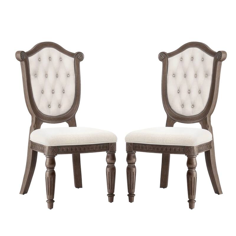 Set of 2 Upholstered Dining Chairs with Diamond Button Tufted Back in Weathered Oak and Beige - Dining Height - Weathered Oak/Beige - Set of 2