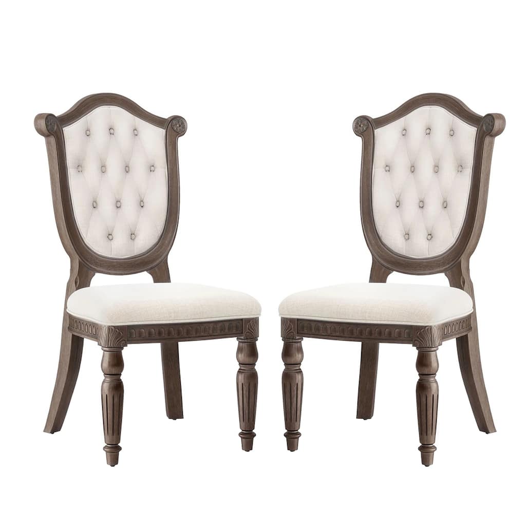 Set of 2 Upholstered Dining Chairs with Diamond Button Tufted Back in Weathered Oak and Beige