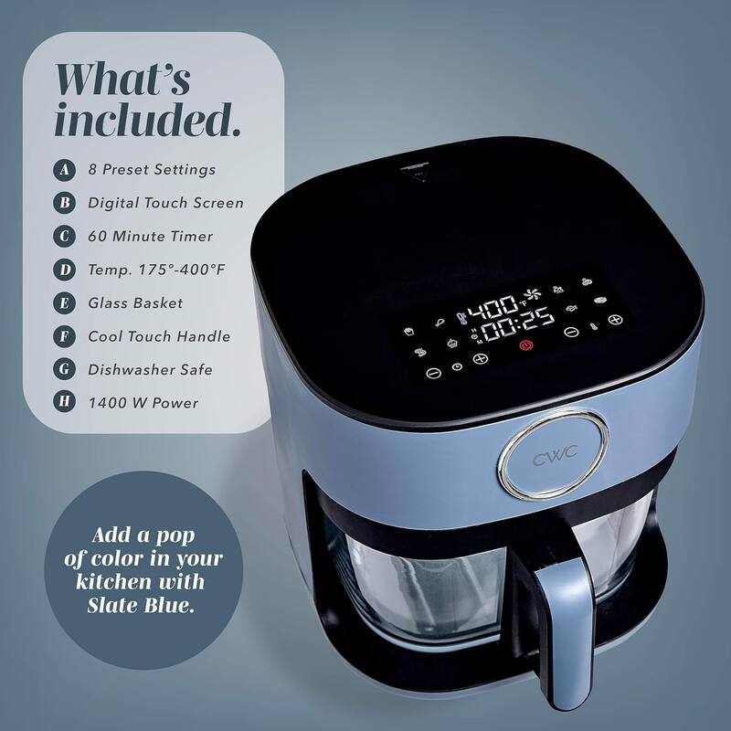 COOK WITH COLOR 1200W Air Fryer: Glass Basket, Dishwasher Safe, 60min Timer, 6 Presets, Temp Control 175F-400F, 4 - 5.5 QT